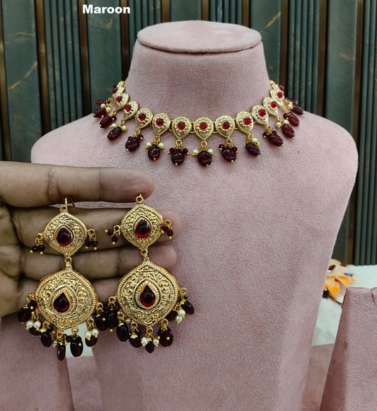 Gold Maroon Punjabi Necklace set/ Gold Necklace Tom set