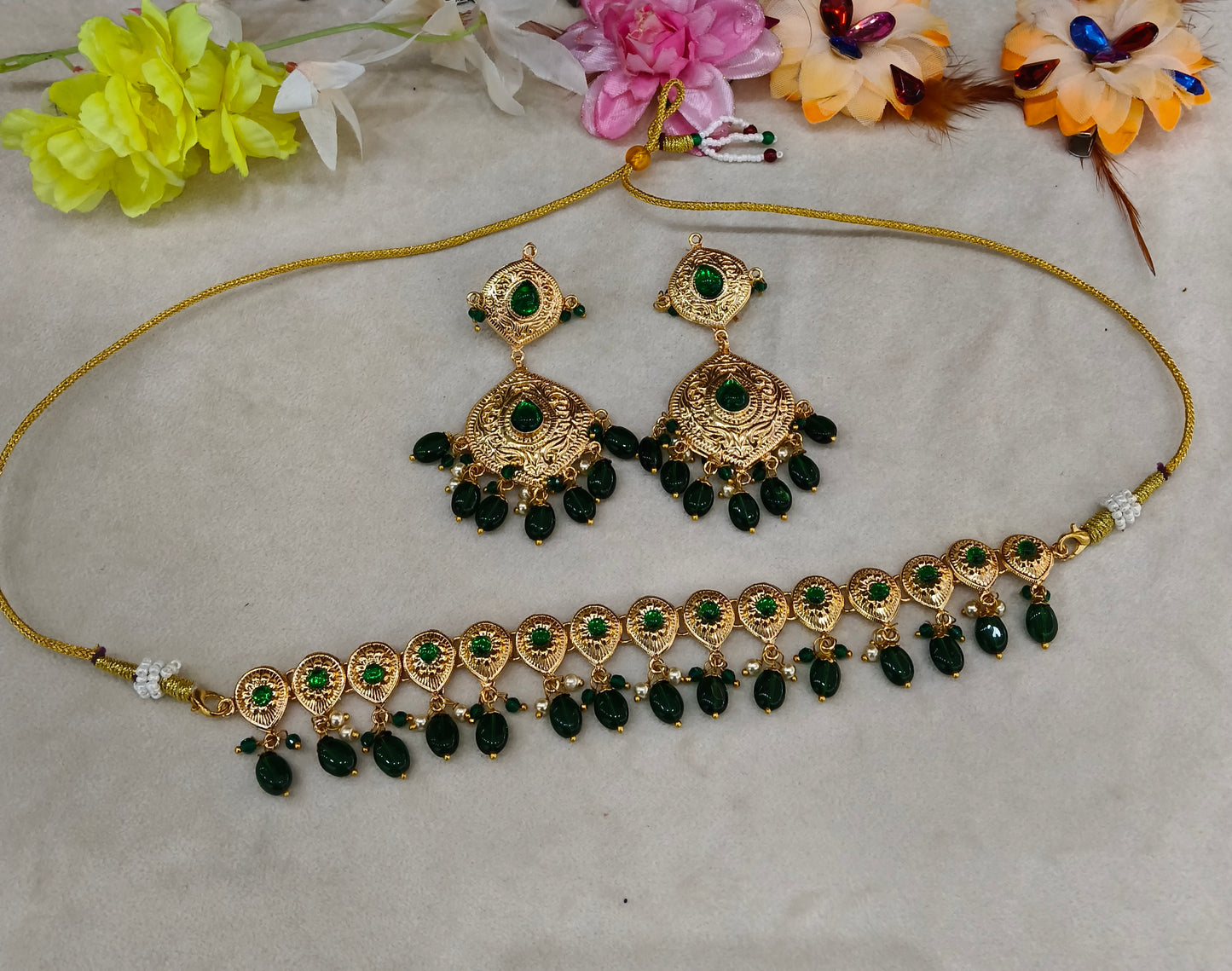 Gold Green Punjabi Necklace set/ Gold Necklace Tom set
