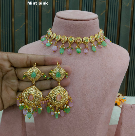 Gold Mint Pink Punjabi Necklace set/ Gold Necklace Tom set