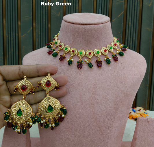 Gold Maroon Green Punjabi Necklace set/ Gold Necklace Tom set