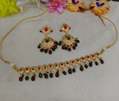 Gold Maroon Green Punjabi Necklace set/ Gold Necklace Tom set