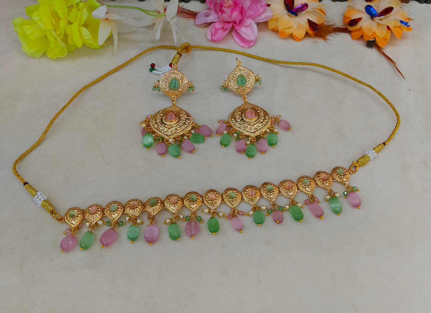 Gold Mint Pink Punjabi Necklace set/ Gold Necklace Tom set