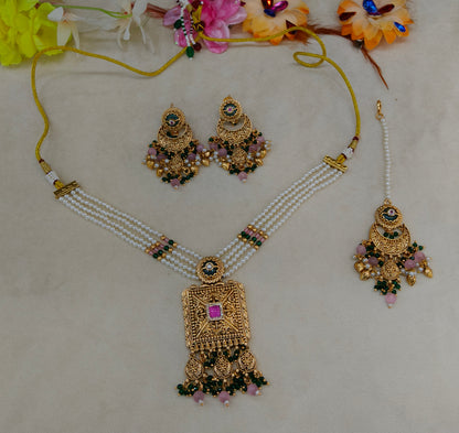 Gold Pink Green Punjabi Necklace Jewellery Erra Sets
