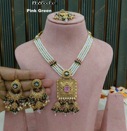 Gold Pink Green Punjabi Necklace Jewellery Erra Sets
