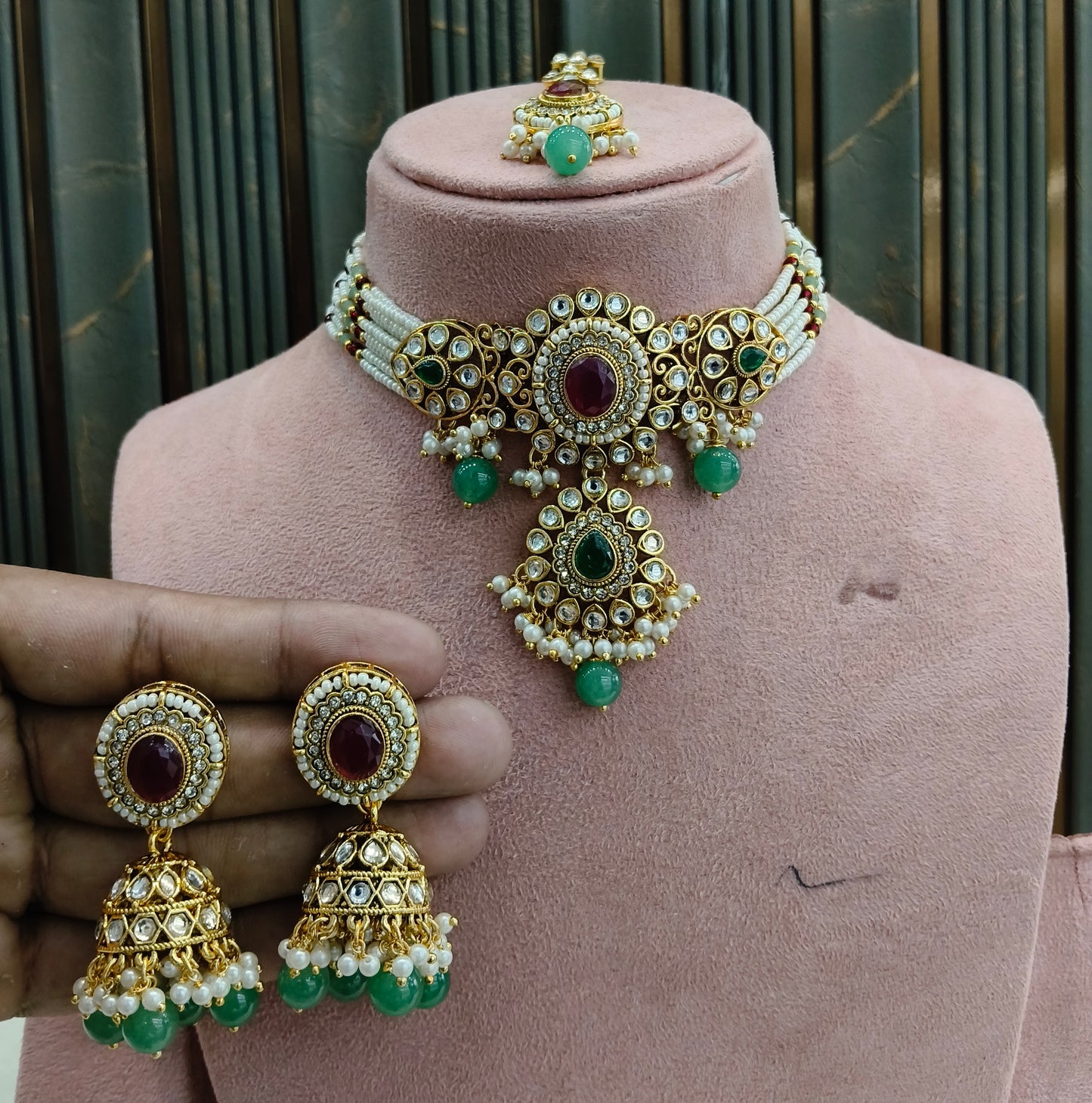 Ruby Sage Green Kundan Choker Jewellery Firoh Set