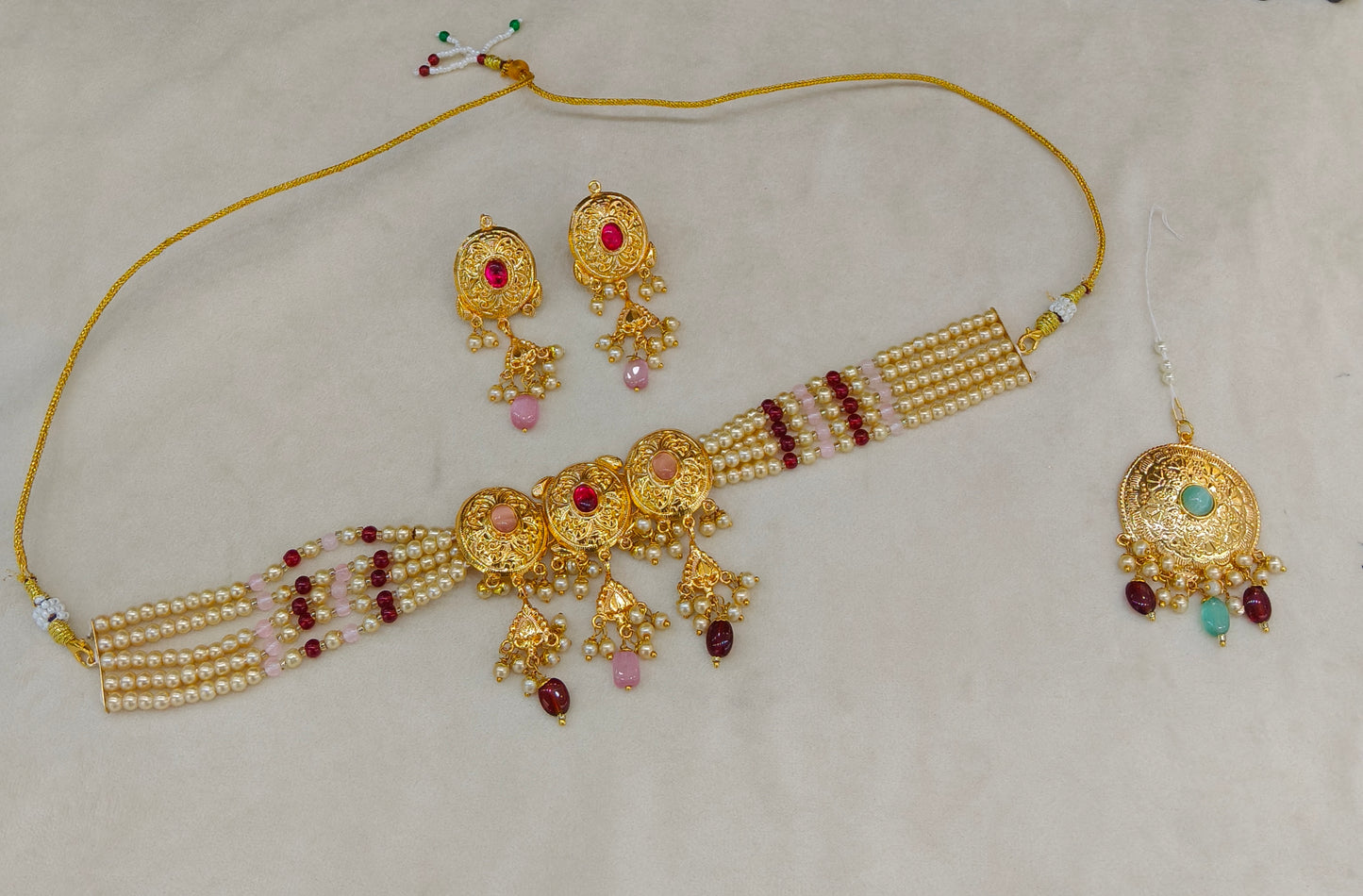 Ruby Pink Gold Jadau Punjabi Style Necklace Indian Jewellery Jack Set