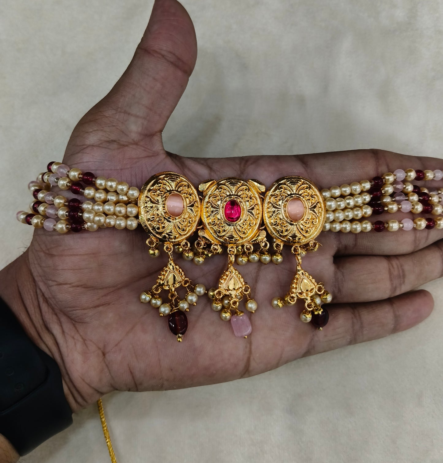 Ruby Pink Gold Jadau Punjabi Style Necklace Indian Jewellery Jack Set