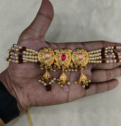 Ruby Pink Gold Jadau Punjabi Style Necklace Indian Jewellery Jack Set