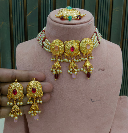 Ruby Pink Gold Jadau Punjabi Style Necklace Indian Jewellery Jack Set