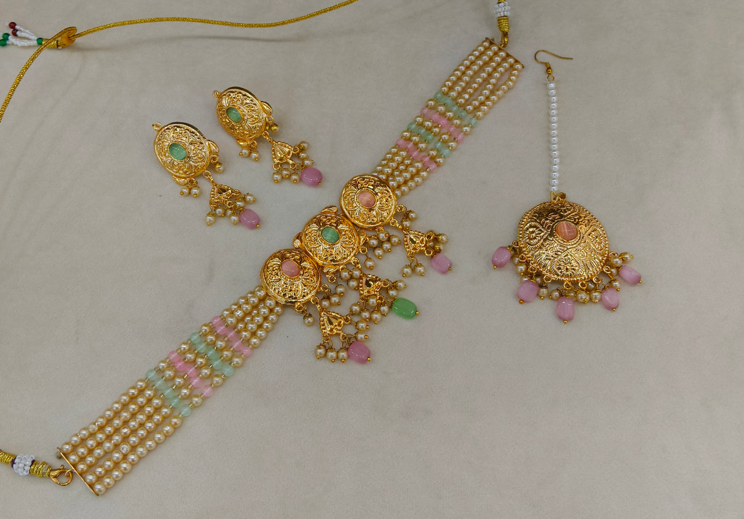 Mint Pink Gold Jadau Punjabi Style Necklace Indian Jewellery Jack Set
