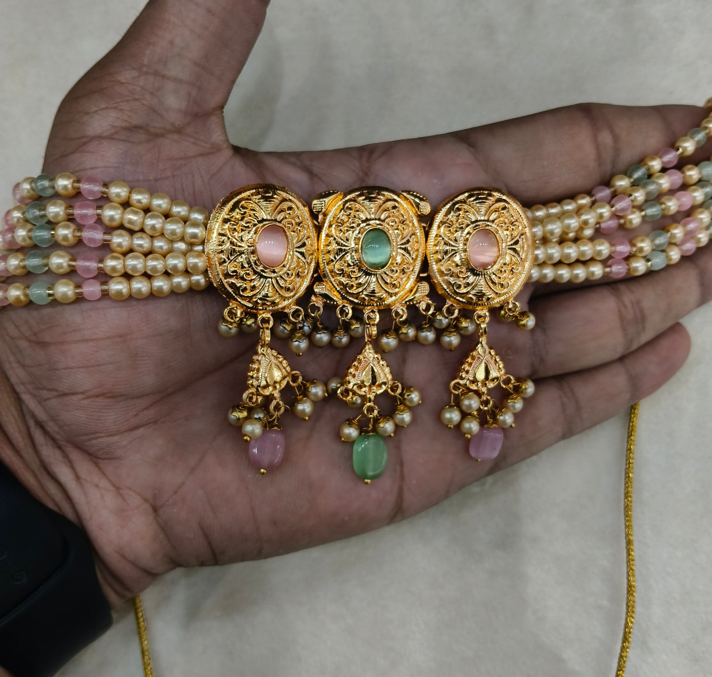 Mint Pink Gold Jadau Punjabi Style Necklace Indian Jewellery Jack Set
