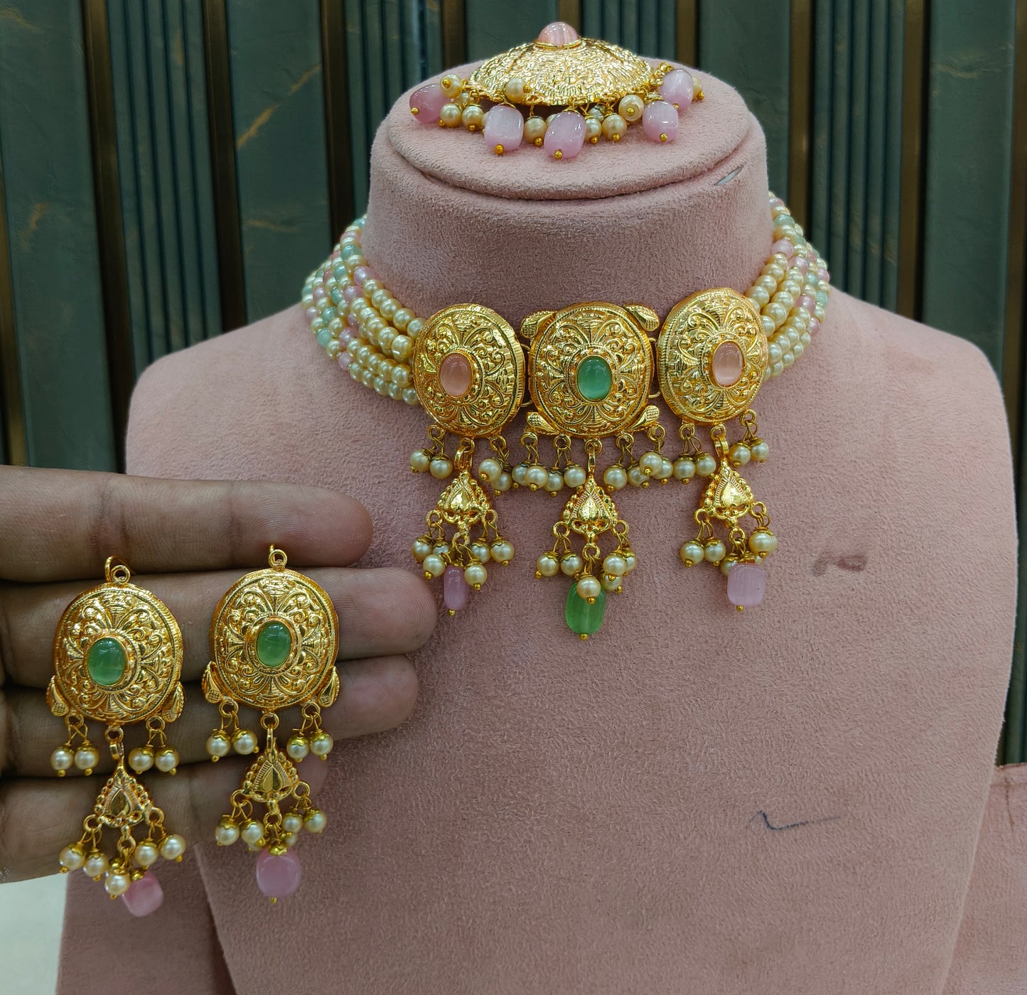 Mint Pink Gold Jadau Punjabi Style Necklace Indian Jewellery Jack Set