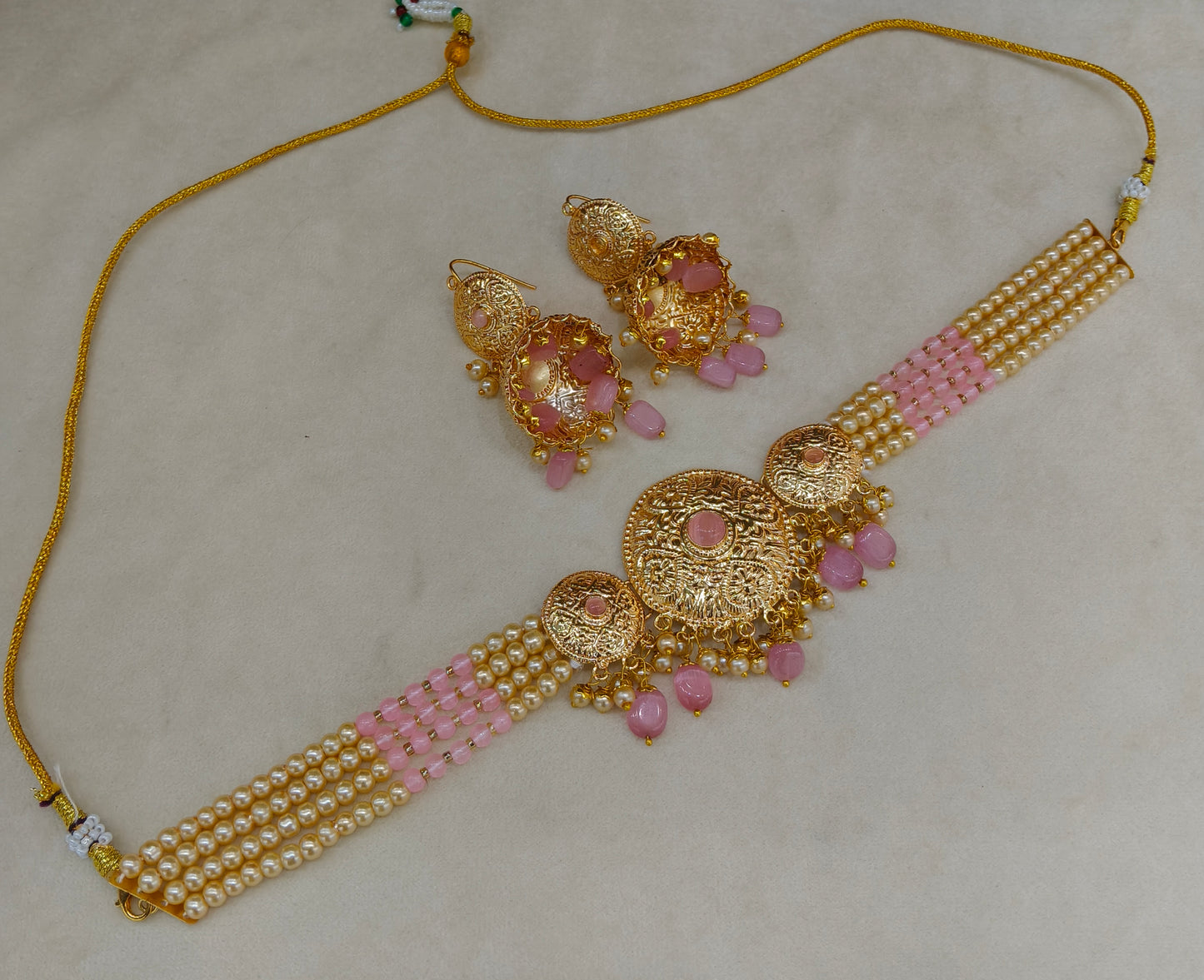 Pink Gold Jadau Punjabi Style Necklace Indian Jewellery Jack Set
