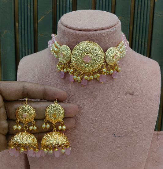 Pink Gold Jadau Punjabi Style Necklace Indian Jewellery Jack Set