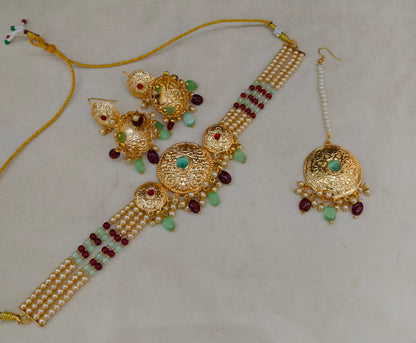 Ruby Mint Gold Jadau Punjabi Style Necklace Indian Jewellery Jack Set