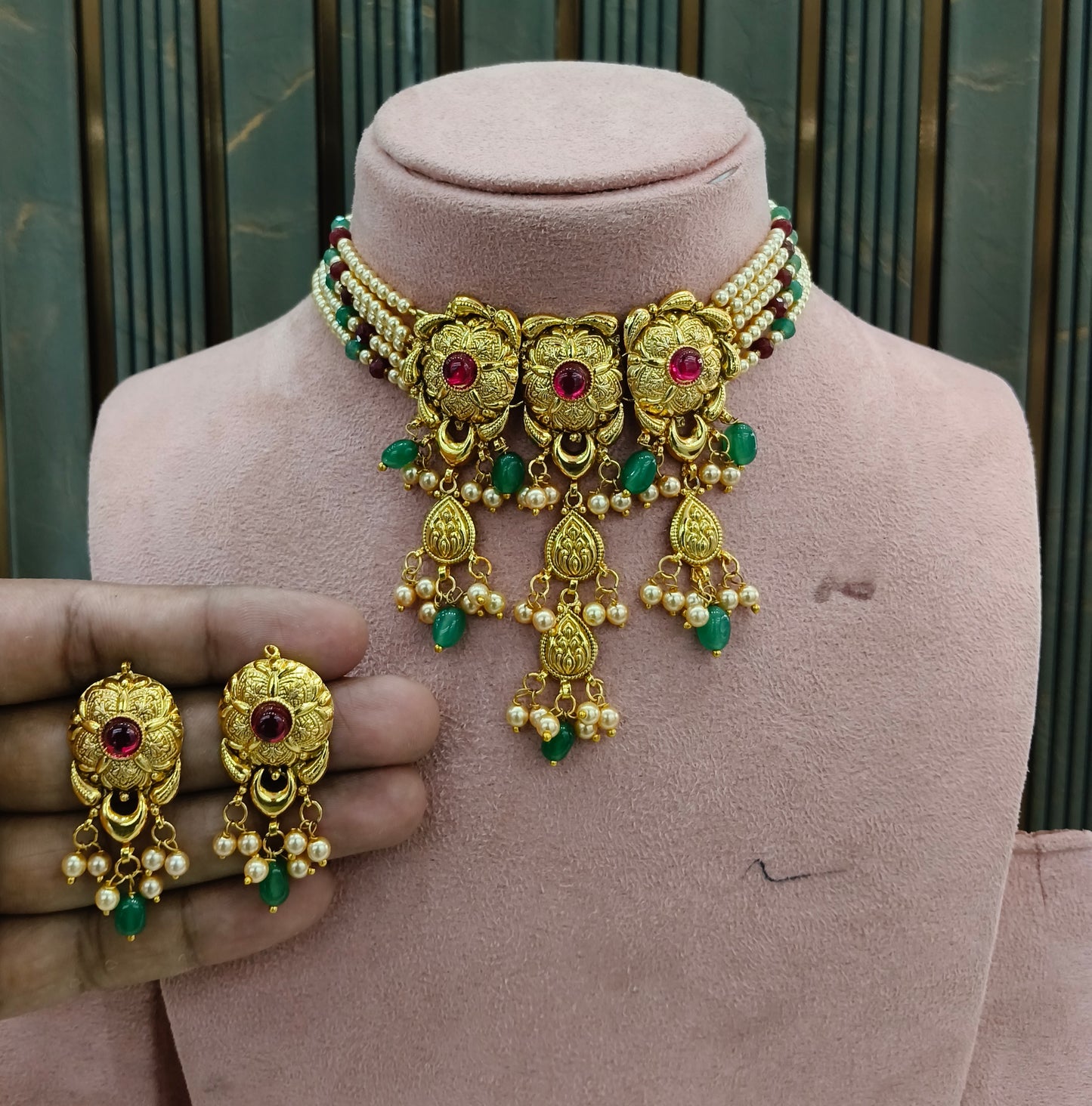 Ruby Sage Green Gold Jadau Punjabi Style Necklace Indian Jewellery Smith Set
