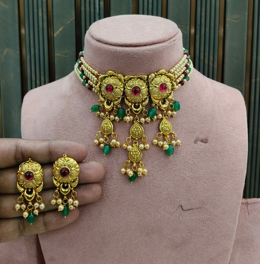 Ruby Sage Green Gold Jadau Punjabi Style Necklace Indian Jewellery Smith Set