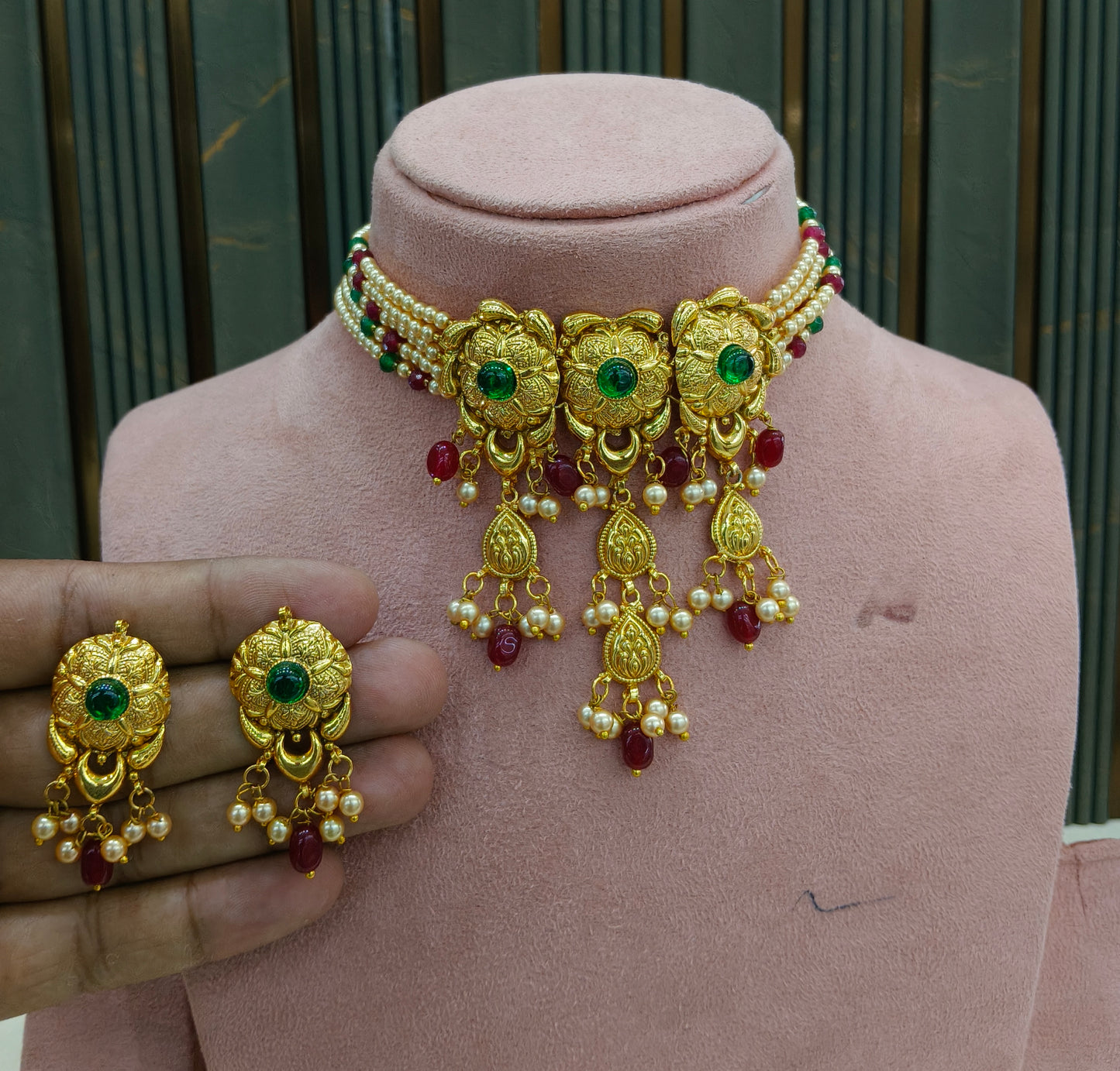 Ruby Green Gold Jadau Punjabi Style Necklace Indian Jewellery Smith Set