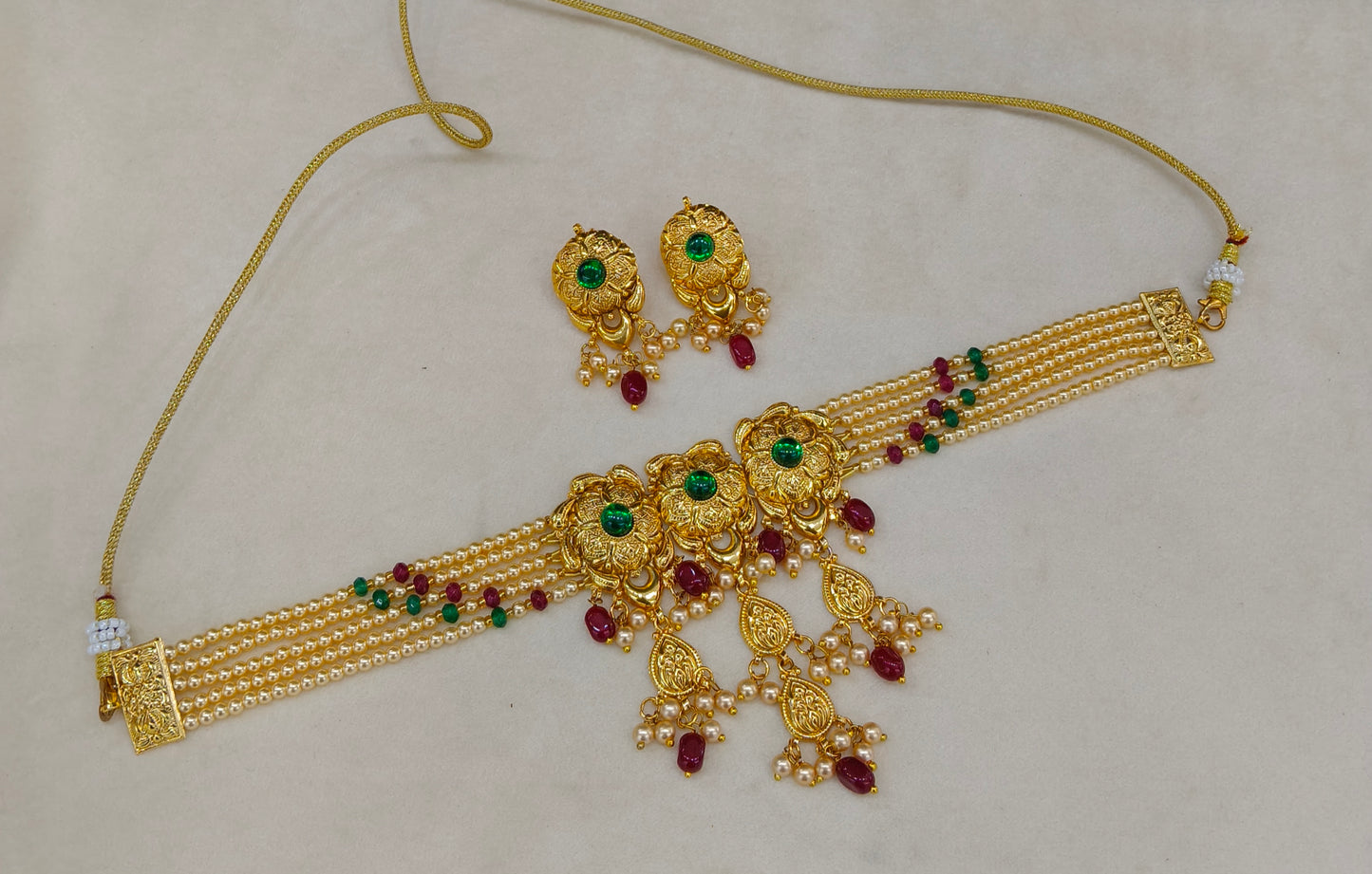 Ruby Green Gold Jadau Punjabi Style Necklace Indian Jewellery Smith Set