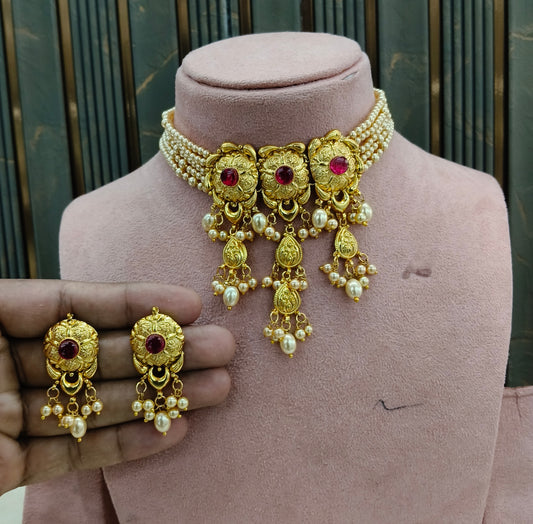 Ruby Gold Jadau Punjabi Style Necklace Indian Jewellery Smith Set