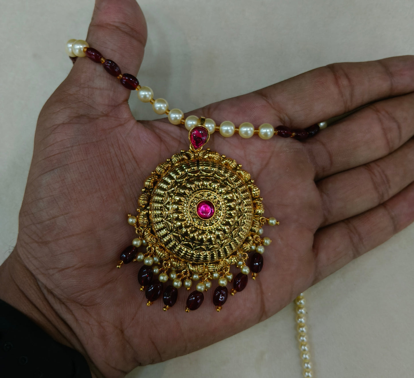 Gold Maroon Jadau Punjabi Style Pendant Mehak Necklace Set