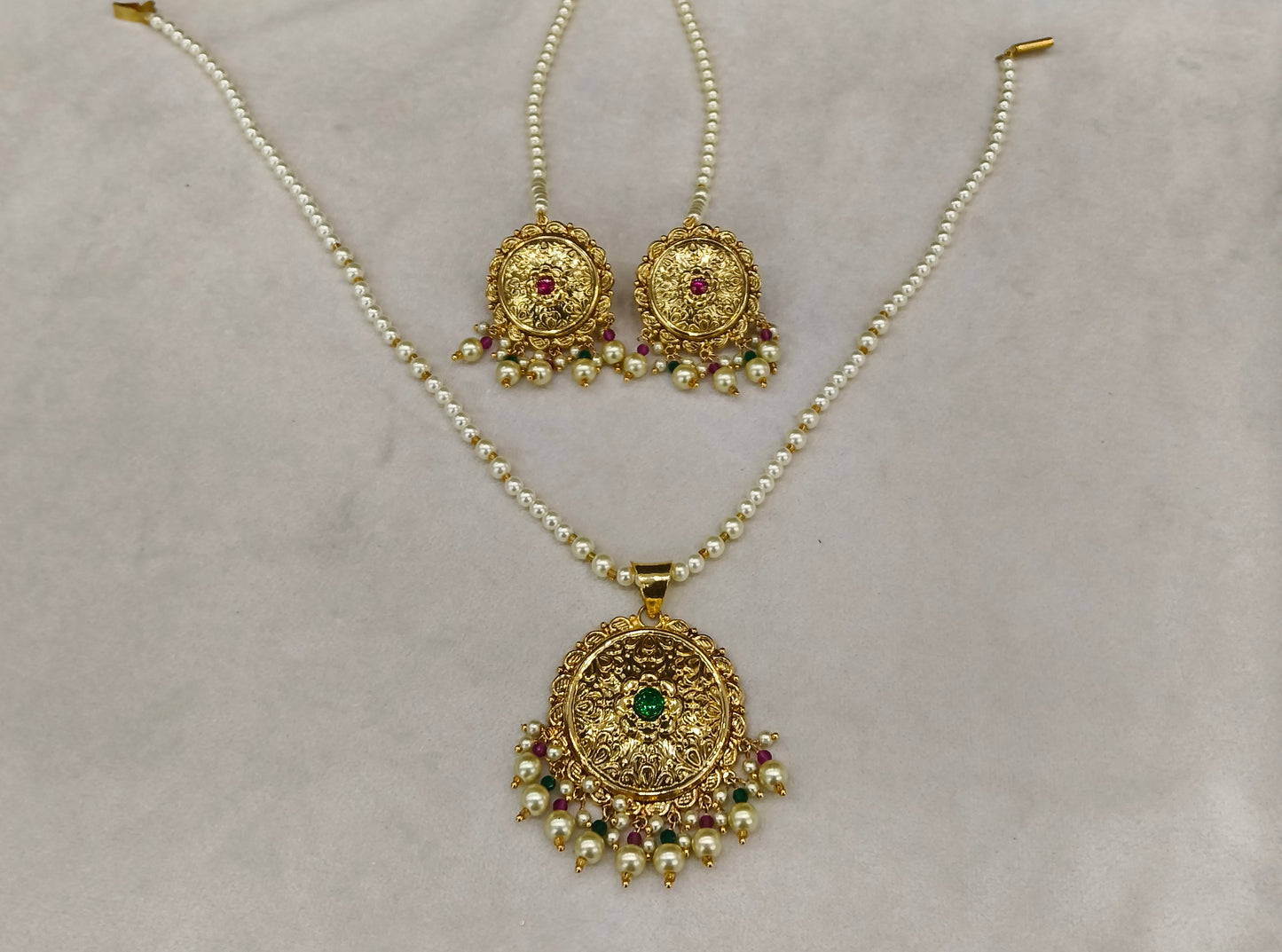 Gold Green Ruby Jadau Punjabi Style Pendant Mehak Necklace Set