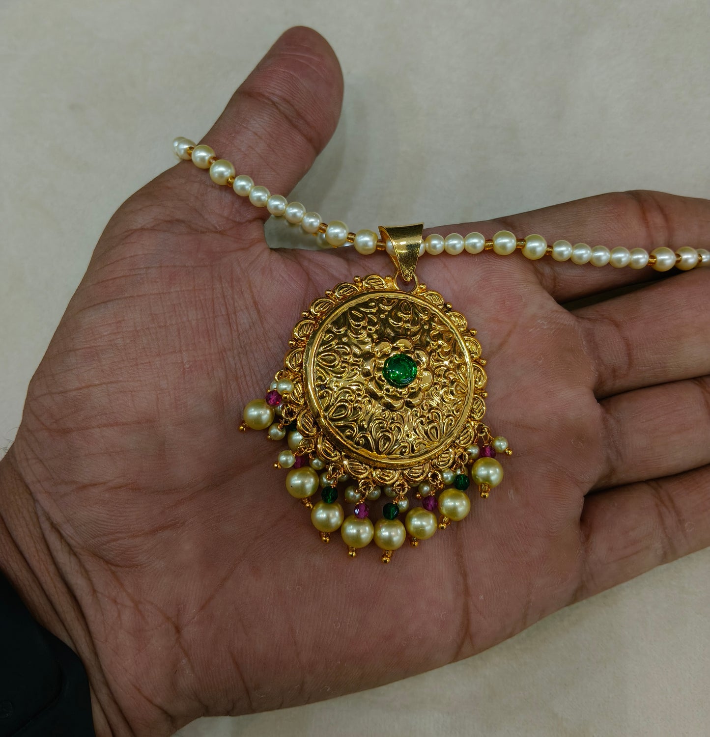 Gold Green Ruby Jadau Punjabi Style Pendant Mehak Necklace Set