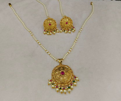 Gold Ruby Green Jadau Punjabi Style Pendant Mehak Necklace Set