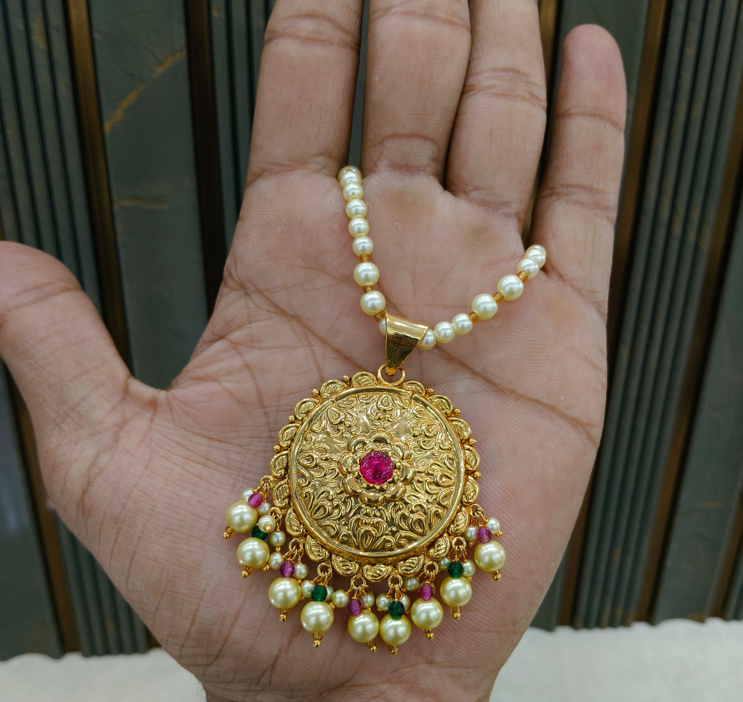 Gold Ruby Green Jadau Punjabi Style Pendant Mehak Necklace Set