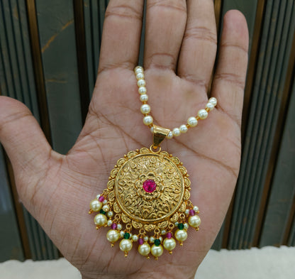 Gold Ruby Green Jadau Punjabi Style Pendant Mehak Necklace Set