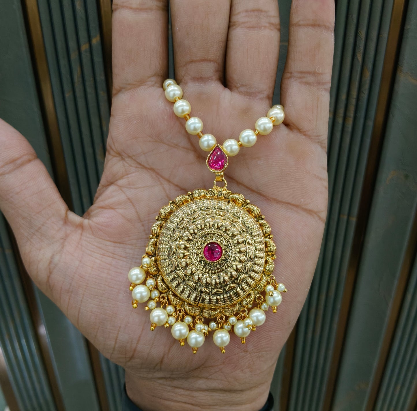 Gold Ruby Jadau Punjabi Style Pendant Mehak Necklace Set