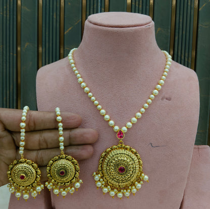 Gold Ruby Jadau Punjabi Style Pendant Mehak Necklace Set
