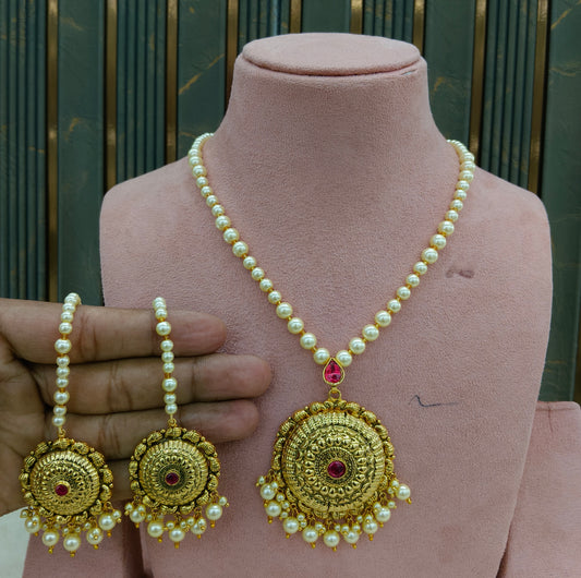Gold Ruby Jadau Punjabi Style Pendant Mehak Necklace Set