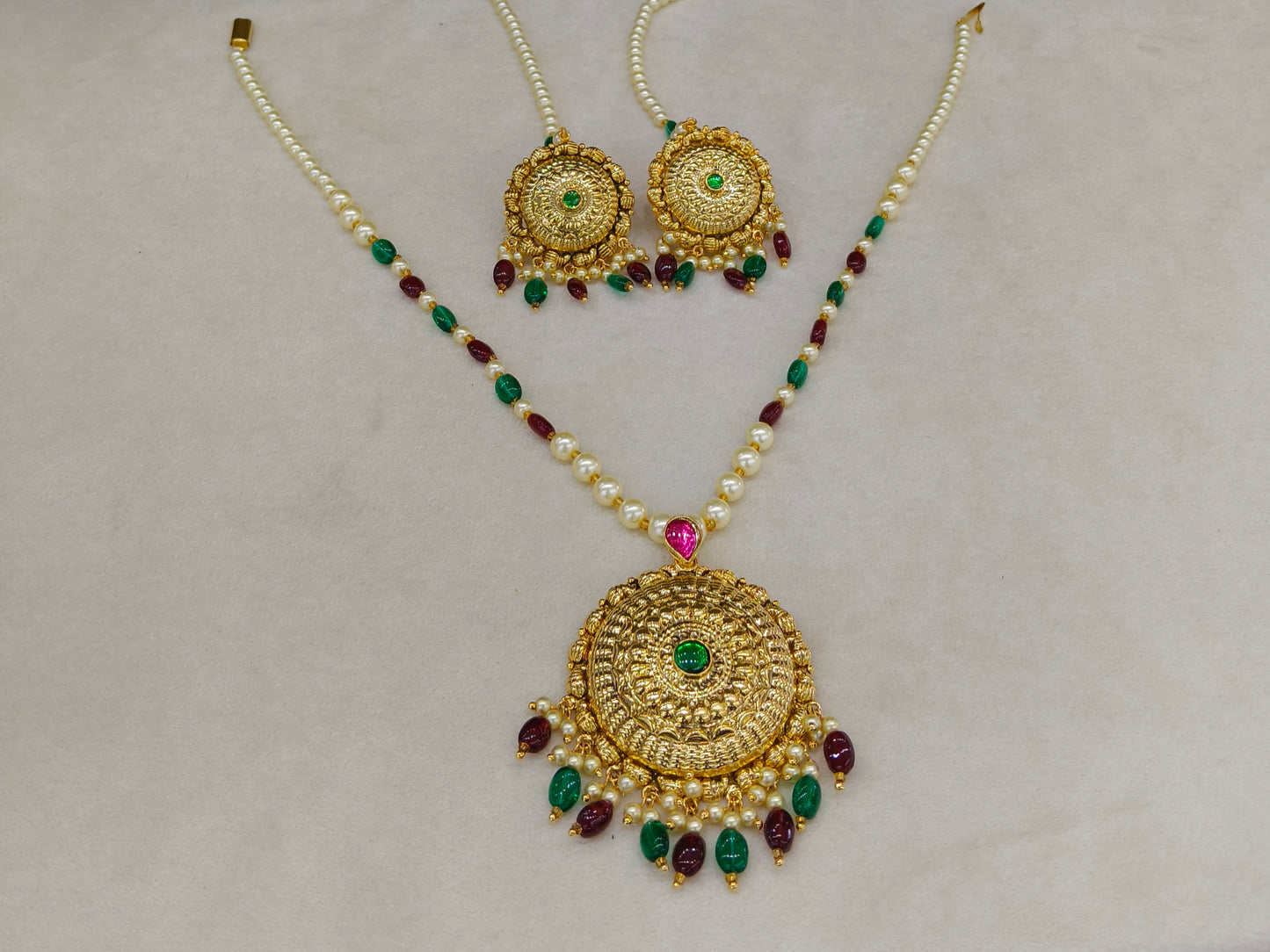 Gold Ruby Green Jadau Punjabi Style Pendant Mehak Necklace Set