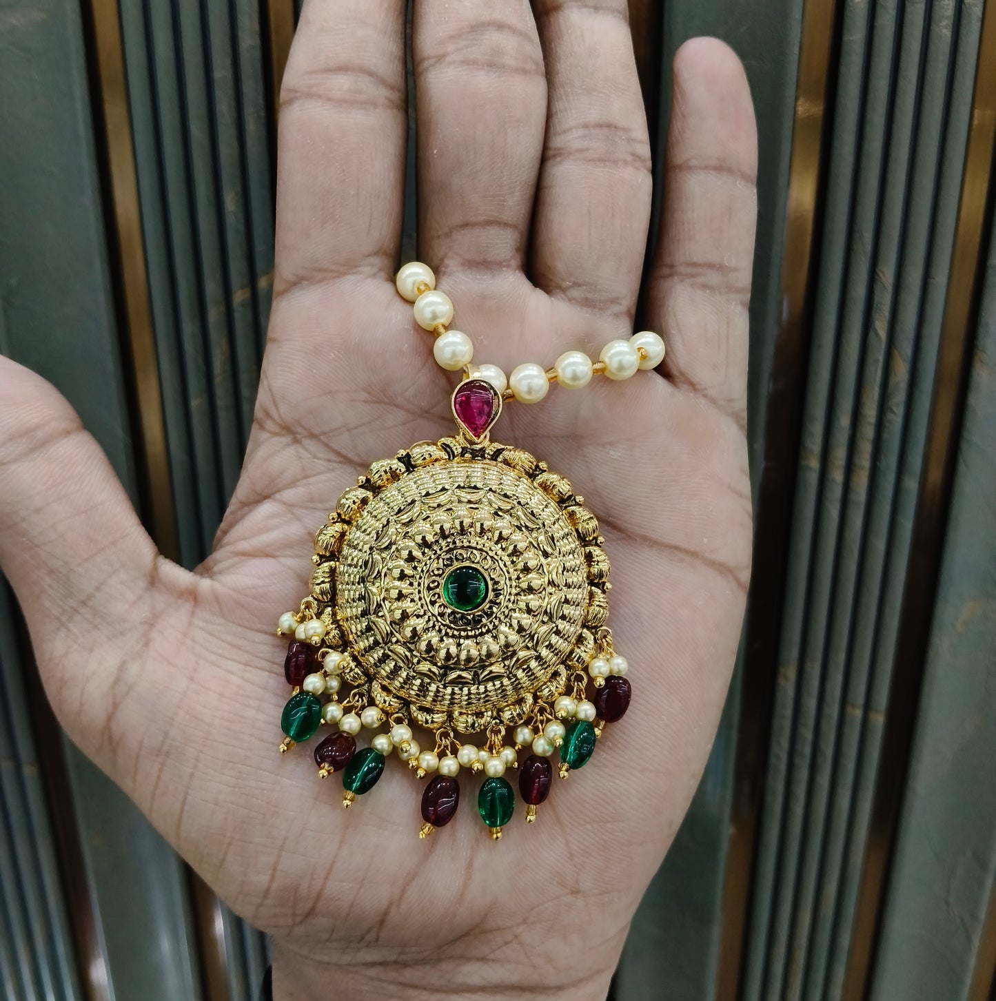 Gold Ruby Green Jadau Punjabi Style Pendant Mehak Necklace Set