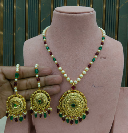 Gold Ruby Green Jadau Punjabi Style Pendant Mehak Necklace Set