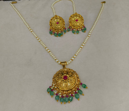 Gold Ruby Sage Green Jadau Punjabi Style Pendant Mehak Necklace Set