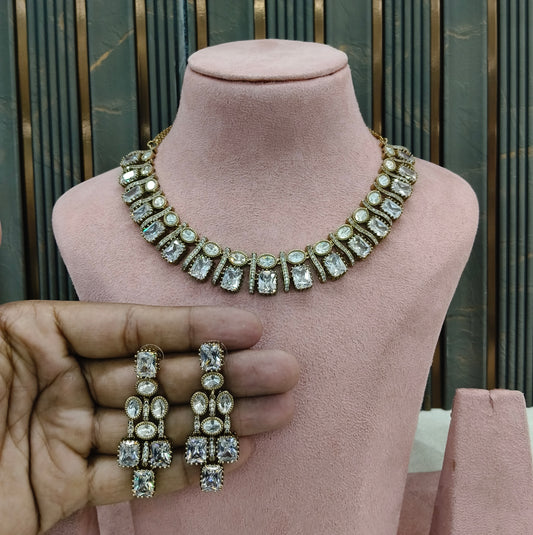 White Moissanite Kundan Necklace Jewellery Nimy Set