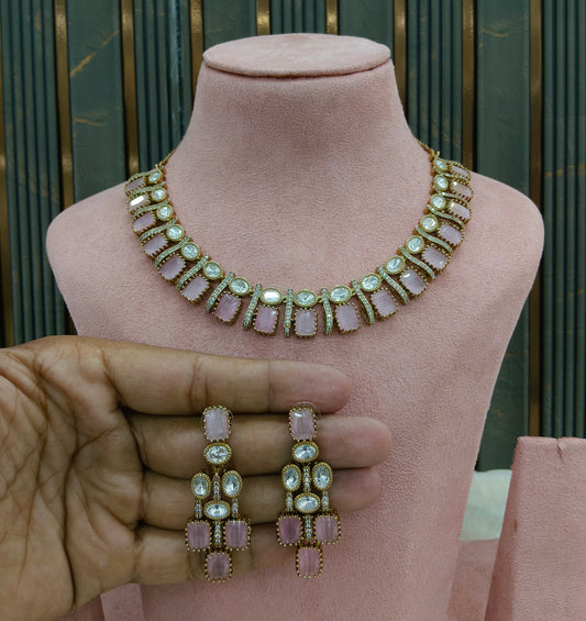 Pink Moissanite Kundan Necklace Jewellery Nimy Set