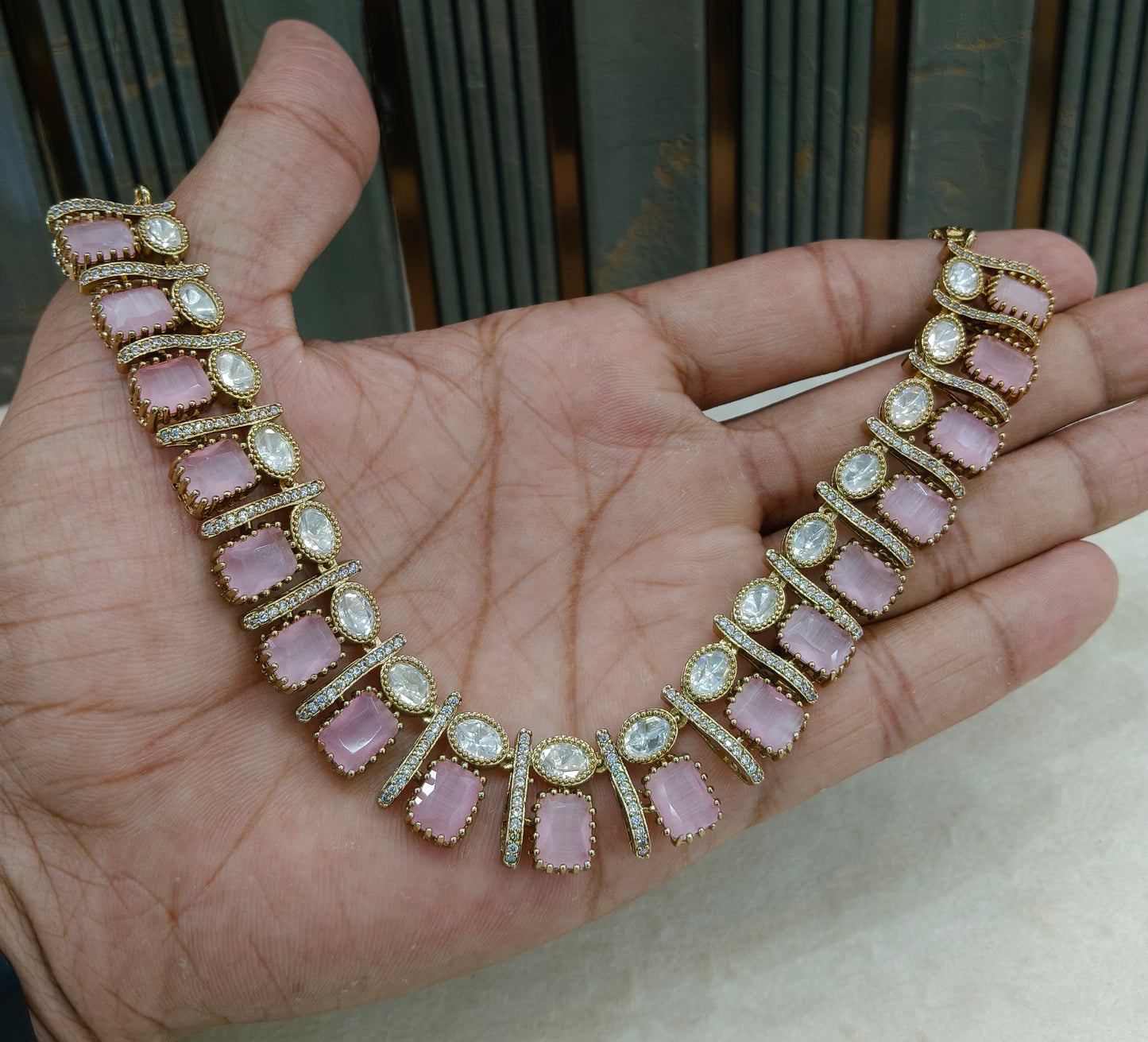 Pink Moissanite Kundan Necklace Jewellery Nimy Set