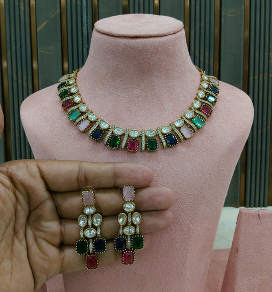 Multi Color Moissanite Kundan Necklace Jewellery Nimy Set