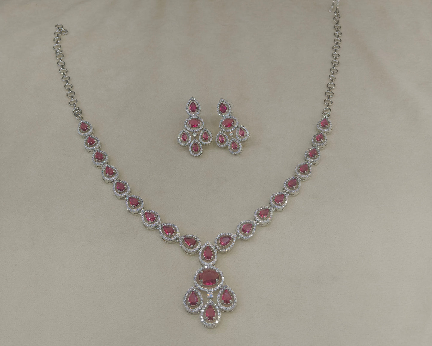 Silver Ruby American Diamond AD  Necklace Nicki Set