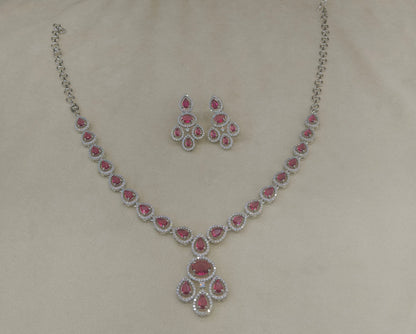 Silver Ruby American Diamond AD  Necklace Nicki Set