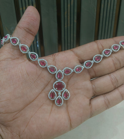 Silver Ruby American Diamond AD  Necklace Nicki Set