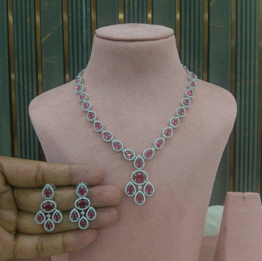 Silver Ruby American Diamond AD  Necklace Nicki Set