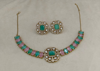 Minrt pink Moissanite Kundan Necklace Jewellery Soma Set