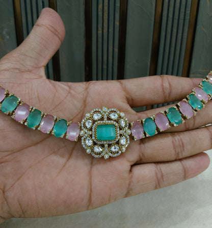 Minrt pink Moissanite Kundan Necklace Jewellery Soma Set