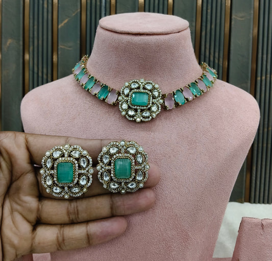 Minrt pink Moissanite Kundan Necklace Jewellery Soma Set