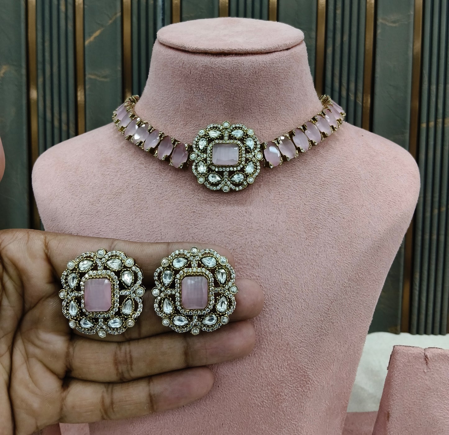 Pink Moissanite Kundan Necklace Jewellery Soma Set