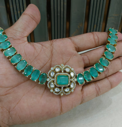 Mint Moissanite Kundan Necklace Jewellery Soma Set